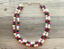 Load image into Gallery viewer, New Years Eve 2 Strand Statement Necklace, bib necklace, acrylic pearl necklace, gold black red white jewelry, double beaded long layering