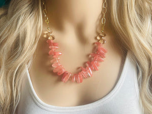 Rose Quartz Gemstone Beaded Chain Statement Necklace, gold jewelry, pink metallic jewelry, bridesmaid bib spiky collar layering necklace