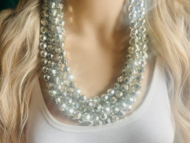 Super Shiny Silver Chunky Statement Necklace, Big beaded jewelry, Gray 5 Strand Statement Necklace, Bib necklace winter resin mirror