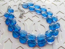 Load image into Gallery viewer, Periwinkle Party Necklace, multi strand jewelry, big beaded chunky statement necklace, blue clear resin chambray, bridesmaid earrings