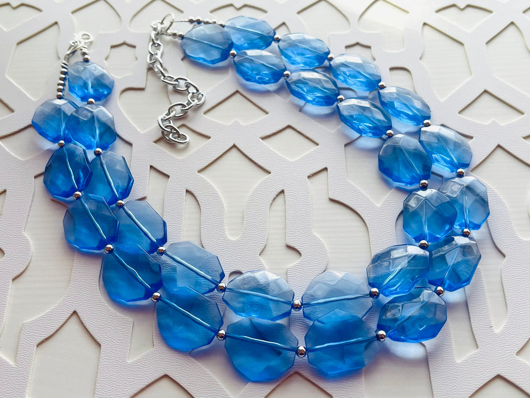 Periwinkle Party Necklace, multi strand jewelry, big beaded chunky statement necklace, blue clear resin chambray, bridesmaid earrings