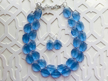 Load image into Gallery viewer, Periwinkle Party Necklace, multi strand jewelry, big beaded chunky statement necklace, blue clear resin chambray, bridesmaid earrings