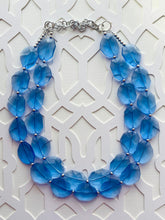 Load image into Gallery viewer, Periwinkle Party Necklace, multi strand jewelry, big beaded chunky statement necklace, blue clear resin chambray, bridesmaid earrings