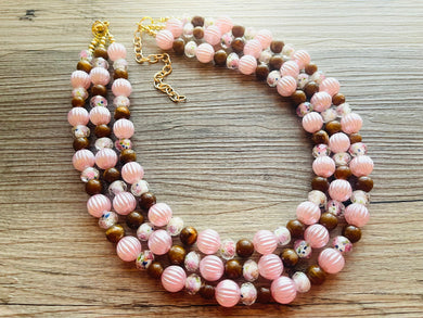 Blush Pink & Rose statement necklace, chunky bib necklace, beaded jewelry brown neutral necklace, 3 strand magenta jewelry baby pink