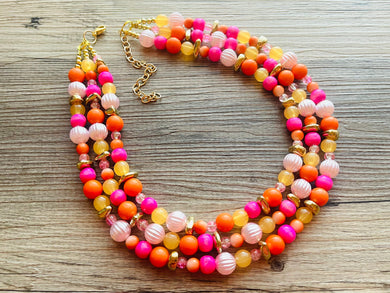 Summer Camp 3 Strand Orange Ombré Statement Necklace, orange beaded jewelry bridesmaid, pumpkin tie dye hot pink yellow earrings