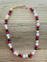 Load image into Gallery viewer, New Years Eve 1 Strand Statement Necklace, bib necklace, acrylic pearl necklace, gold black red white jewelry, single beaded long layering