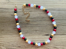 Load image into Gallery viewer, New Years Eve 1 Strand Statement Necklace, bib necklace, acrylic pearl necklace, gold black red white jewelry, single beaded long layering