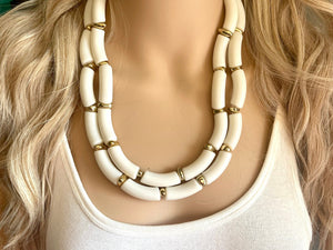 Creamy Gold Statement Necklace, neutral jewelry, Tan bib chunky necklace, thick bib white neutral geometric 2 strand funky boho