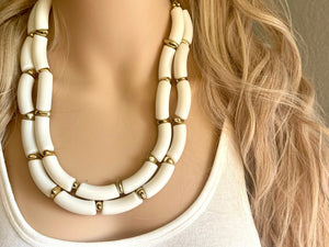 Creamy Gold Statement Necklace, neutral jewelry, Tan bib chunky necklace, thick bib white neutral geometric 2 strand funky boho