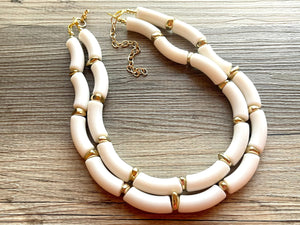 Creamy Gold Statement Necklace, neutral jewelry, Tan bib chunky necklace, thick bib white neutral geometric 2 strand funky boho