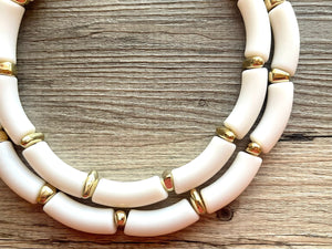 Creamy Gold Statement Necklace, neutral jewelry, Tan bib chunky necklace, thick bib white neutral geometric 2 strand funky boho