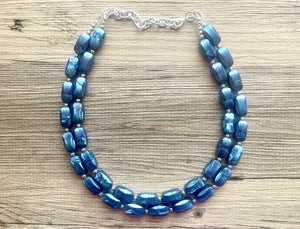 Royal Blue Necklace, 2 strand jewelry, tube beaded chunky statement necklace, blue necklace, Metallic navy royal blue jewelry