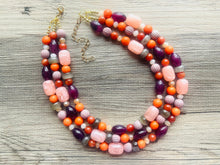 Load image into Gallery viewer, Peach 3 Strand Orange Splash Statement Necklace, orange beaded jewelry bridesmaid, pumpkin eggplant purple gray coral