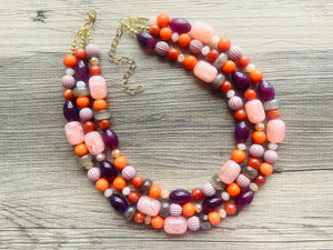 Peach 3 Strand Orange Splash Statement Necklace, orange beaded jewelry bridesmaid, pumpkin eggplant purple gray coral