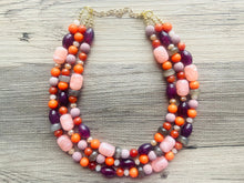 Load image into Gallery viewer, Peach 3 Strand Orange Splash Statement Necklace, orange beaded jewelry bridesmaid, pumpkin eggplant purple gray coral