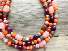 Load image into Gallery viewer, Peach 3 Strand Orange Splash Statement Necklace, orange beaded jewelry bridesmaid, pumpkin eggplant purple gray coral