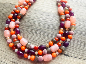 Peach 3 Strand Orange Splash Statement Necklace, orange beaded jewelry bridesmaid, pumpkin eggplant purple gray coral