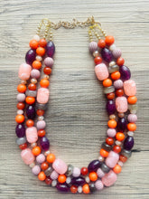 Load image into Gallery viewer, Peach 3 Strand Orange Splash Statement Necklace, orange beaded jewelry bridesmaid, pumpkin eggplant purple gray coral