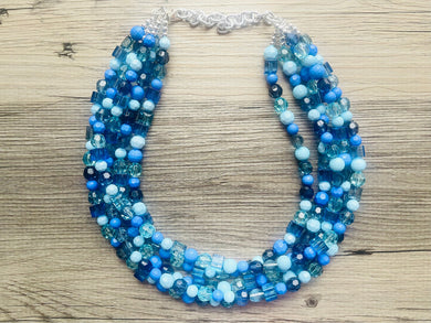 Sky side Blue Ombré Chunky Statement Necklace, multi Strand Beaded Jewelry, dark blue jewelry, 5 strand chunky bib mint green