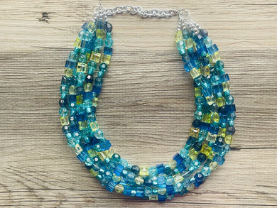 Seaside Blue Ombré Chunky Statement Necklace, multi Strand Beaded Jewelry, dark blue jewelry, 5 strand chunky bib green