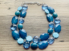 Load image into Gallery viewer, Beach Dream Necklace, multi strand jewelry, big beaded chunky statement necklace, blue clear resin chambray, navy wood bridesmaid earrings