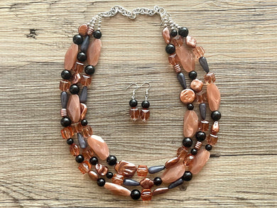 Dusty Rose & Black Pink Chunky Statement Necklace, big beaded bib necklace, brown jewelry, bridesmaid necklace, rosegold champagne