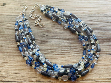 Black & Blue Ombré Chunky Statement Necklace, multi Strand Beaded Jewelry, dark blue jewelry, 5 strand chunky bib gray aqua