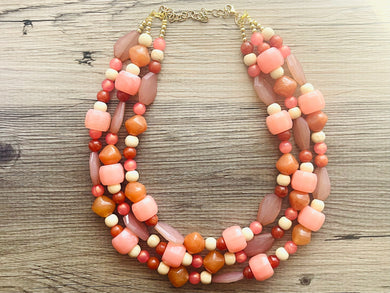 Sedona Sunrise Beaded Necklace, 3 strand Chunky statement necklace, big beaded necklace jewelry, red pink orange wood cream rosegold