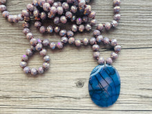 Load image into Gallery viewer, GemStone Chunky Statement Necklace, mauve purple blue gemstone necklace, long gem jewelry, beaded necklace, agate jewelry pendant long