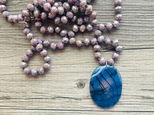 GemStone Chunky Statement Necklace, mauve purple blue gemstone necklace, long gem jewelry, beaded necklace, agate jewelry pendant long