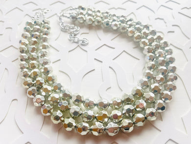 Mirrorball Silver Chunky Statement Necklace, Big beaded jewelry, Gray 3 Strand Statement Necklace, Bib necklace winter resin mirror