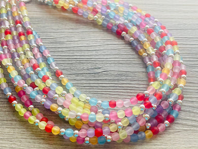 Over the Rainbow Statement Necklace, rainbow pastel extra Chunky Jewelry silver beads 8 strand colorful