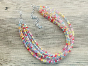 Over the Rainbow Statement Necklace, rainbow pastel extra Chunky Jewelry silver beads 8 strand colorful