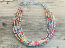 Load image into Gallery viewer, Over the Rainbow Statement Necklace, rainbow pastel extra Chunky Jewelry silver beads 8 strand colorful