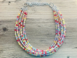 Over the Rainbow Statement Necklace, rainbow pastel extra Chunky Jewelry silver beads 8 strand colorful