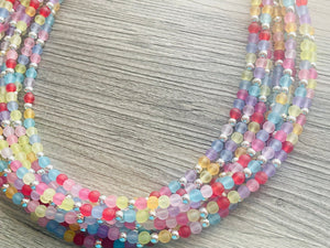 Over the Rainbow Statement Necklace, rainbow pastel extra Chunky Jewelry silver beads 8 strand colorful