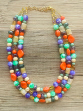 Load image into Gallery viewer, Cobblestone Creek Beaded Necklace, 3 strand Chunky statement necklace, big beaded necklace jewelry, purple orange green tan