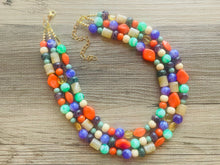 Load image into Gallery viewer, Cobblestone Creek Beaded Necklace, 3 strand Chunky statement necklace, big beaded necklace jewelry, purple orange green tan