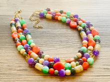 Load image into Gallery viewer, Cobblestone Creek Beaded Necklace, 3 strand Chunky statement necklace, big beaded necklace jewelry, purple orange green tan