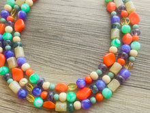 Load image into Gallery viewer, Cobblestone Creek Beaded Necklace, 3 strand Chunky statement necklace, big beaded necklace jewelry, purple orange green tan