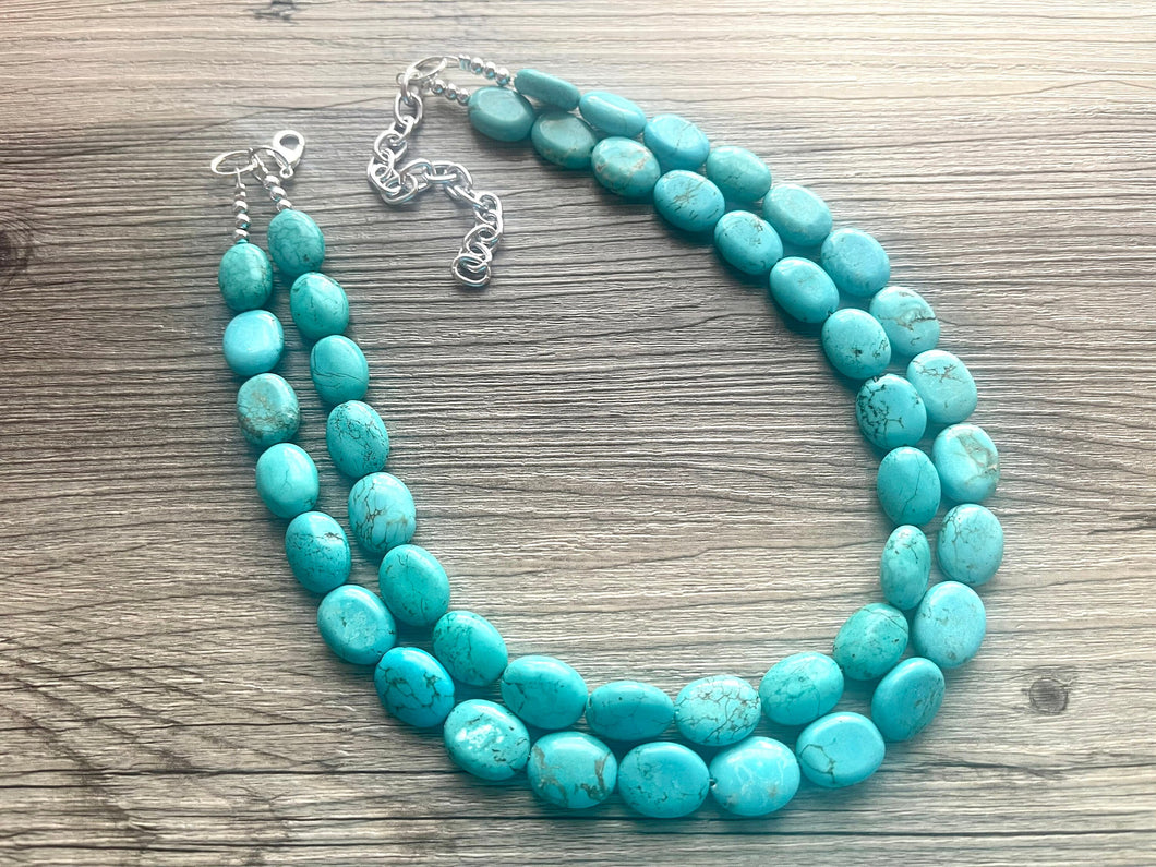 Turquoise Big Beaded Statement Necklace, blue jewelry, teal beaded necklace jewelry, blue necklace, stone gemstone chunky beaded bib