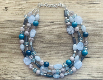 Shimmer Snowflake chunky necklace, gray beaded jewelry, silver resin beaded necklace, beaded necklace, aqua light blue royal teal necklace