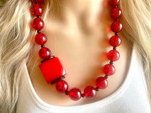 Load image into Gallery viewer, Red Beaded statement necklace, extra chunky geometric bead red jewelry, cherry long necklace jewelry, red earrings jewelry set