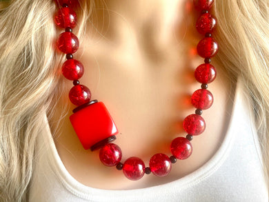 Red Beaded statement necklace, extra chunky geometric bead red jewelry, cherry long necklace jewelry, red earrings jewelry set