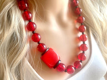 Load image into Gallery viewer, Red Beaded statement necklace, extra chunky geometric bead red jewelry, cherry long necklace jewelry, red earrings jewelry set