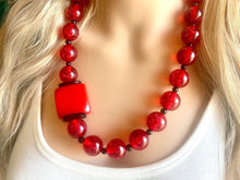 Load image into Gallery viewer, Red Beaded statement necklace, extra chunky geometric bead red jewelry, cherry long necklace jewelry, red earrings jewelry set