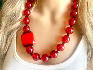 Red Beaded statement necklace, extra chunky geometric bead red jewelry, cherry long necklace jewelry, red earrings jewelry set