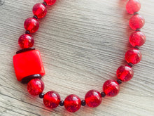 Load image into Gallery viewer, Red Beaded statement necklace, extra chunky geometric bead red jewelry, cherry long necklace jewelry, red earrings jewelry set