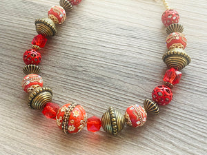 Red & Gold Fiesta Single Strand Big Beaded Statement Necklace, red beaded necklace, red bridesmaid necklace jewelry