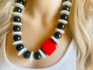 Black White Red Beaded statement necklace, extra chunky geometric bead cherry long necklace jewelry, red earrings jewelry set